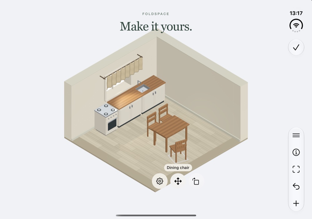 Make it yours. A simple kitchen with a dining chair selected and furniture editing controls visible.