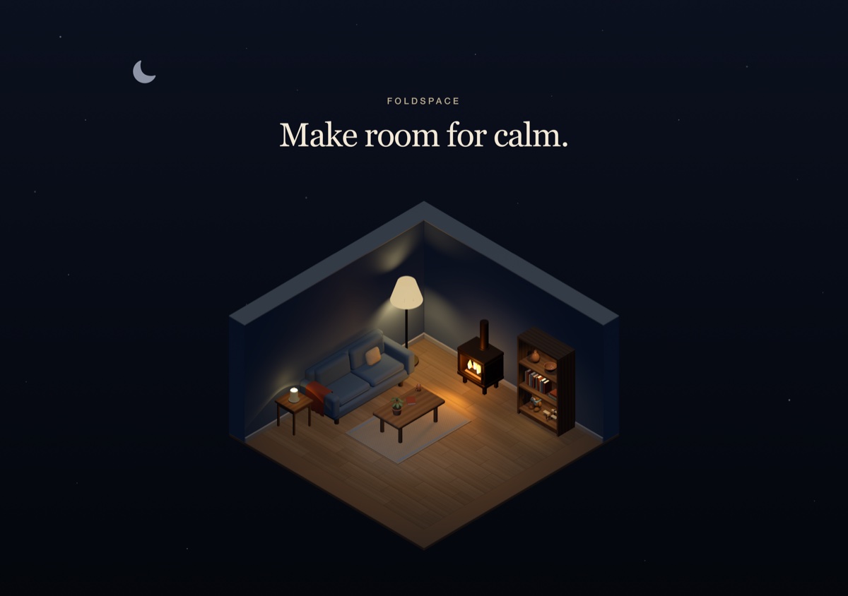 Make room for calm. A miniature living room with a blue sofa, glowing stove, and warm evening lighting.